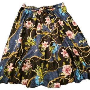 Mlle Gabrielle Skirt XL Floral Elastic Waist Tie Blue Black